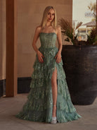 Kaisa | Sky Blue A Line Strapless Ruffle Sequin Lace Prom Dresses - KissProm