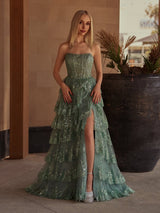 Sky Blue A Line Strapless Ruffle Sequin Lace Prom Dresses - KissProm