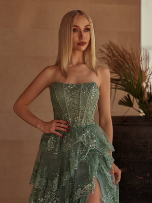 Kaisa | Sky Blue A Line Strapless Ruffle Sequin Lace Prom Dresses - KissProm