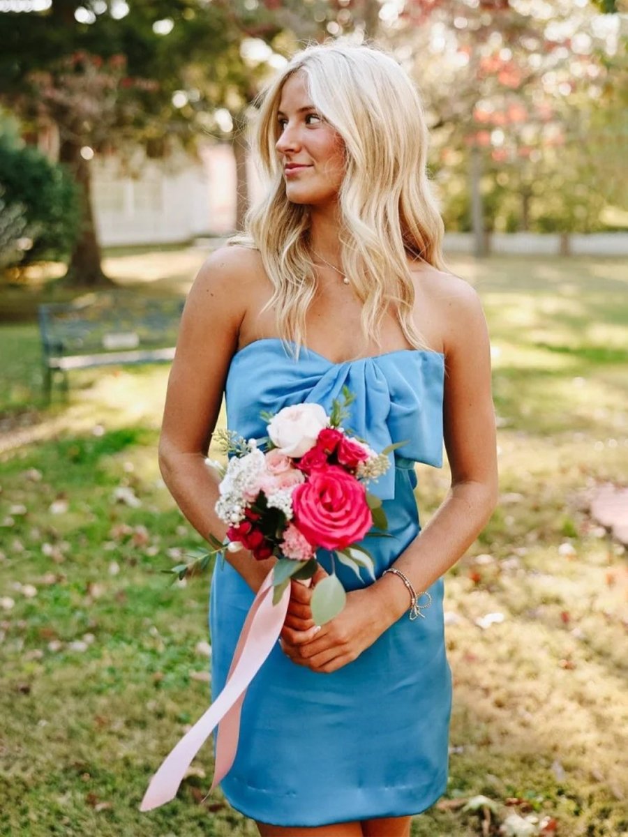 Kale | Blue - Sheath Strapless Short Homecoming Dresses With Bow