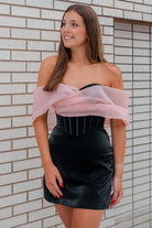 Kalei | Black - Off The Shoulder Satin Homecoming Dress With Corset Bodice