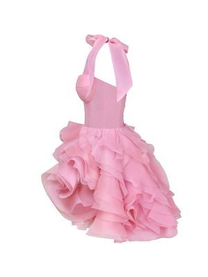Kalindi | Rose Pink - A Line Organza Ruffles Corset Homecoming Dresses with Bow Straps