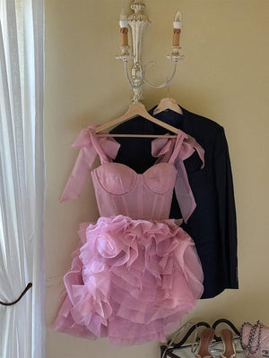 Kalindi | Rose Pink - A Line Organza Ruffles Corset Homecoming Dresses with Bow Straps