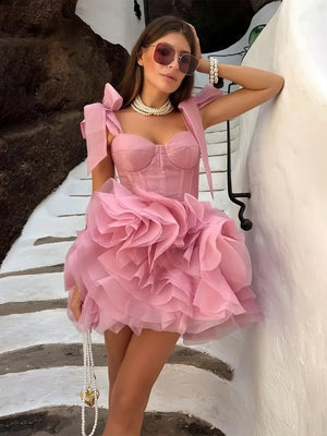 Kalindi | Rose Pink - A Line Organza Ruffles Corset Homecoming Dresses with Bow Straps