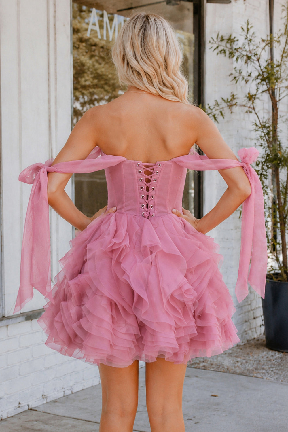 Rose Pink A Line Organza Ruffles Corset Homecoming Dresses with Bow Straps - KissProm 