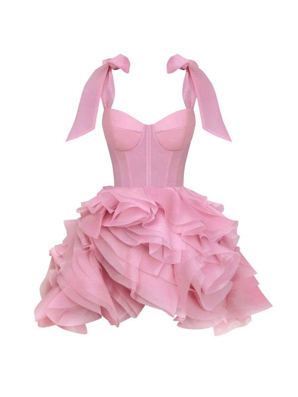 Kalindi | Rose Pink - A Line Organza Ruffles Corset Homecoming Dresses with Bow Straps