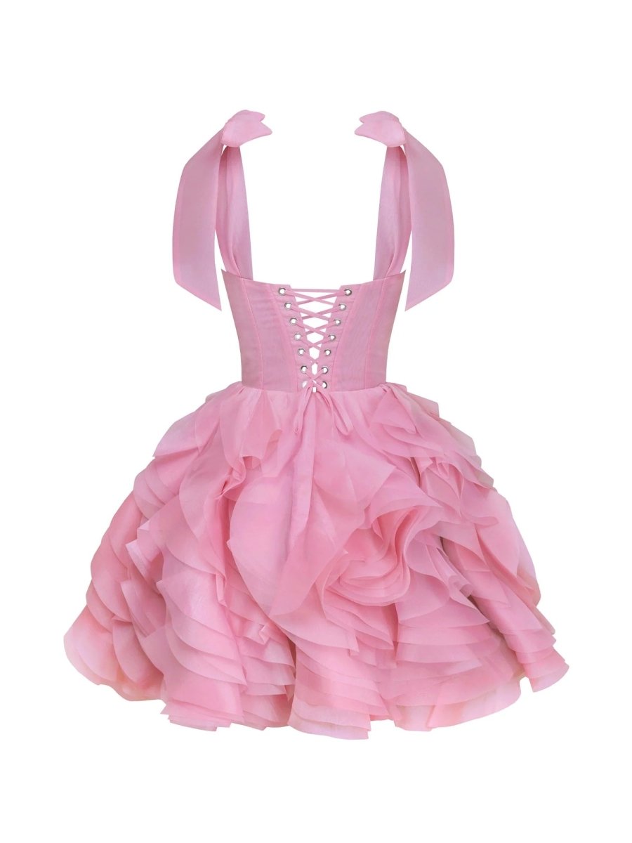 Kalindi | Rose Pink - A Line Organza Ruffles Corset Homecoming Dresses with Bow Straps