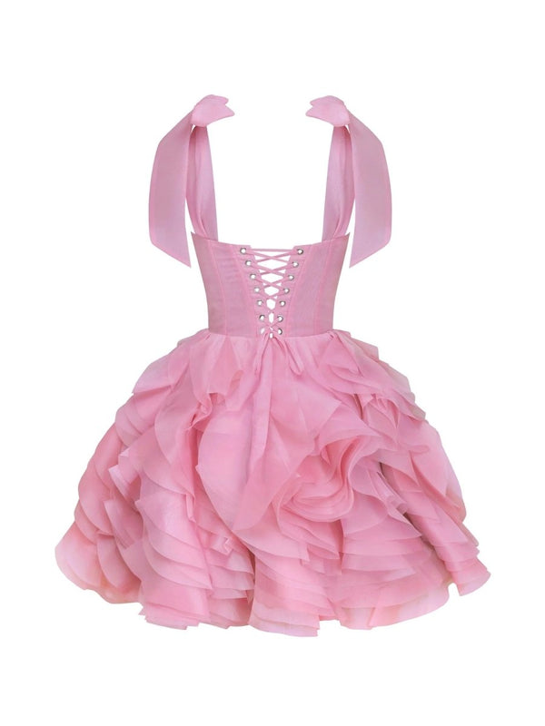 Kalindi | Rose Pink - A Line Organza Ruffles Corset Homecoming Dresses with Bow Straps