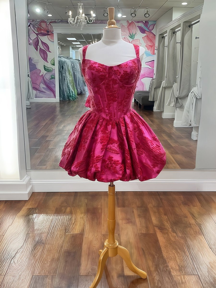 Kallista | Fuchsia - Spaghetti Straps A Line Floral Ruched Short Homecoming Dress