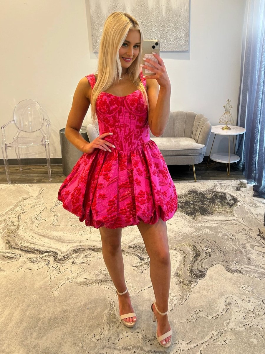 Fuchsia - Spaghetti Straps A Line Floral Ruched Short Homecoming Dress Fuchsia / 14 Fuchsia - Spaghetti Straps A Line Floral Ruched Short Homecoming Dress Fuchsia / 14
