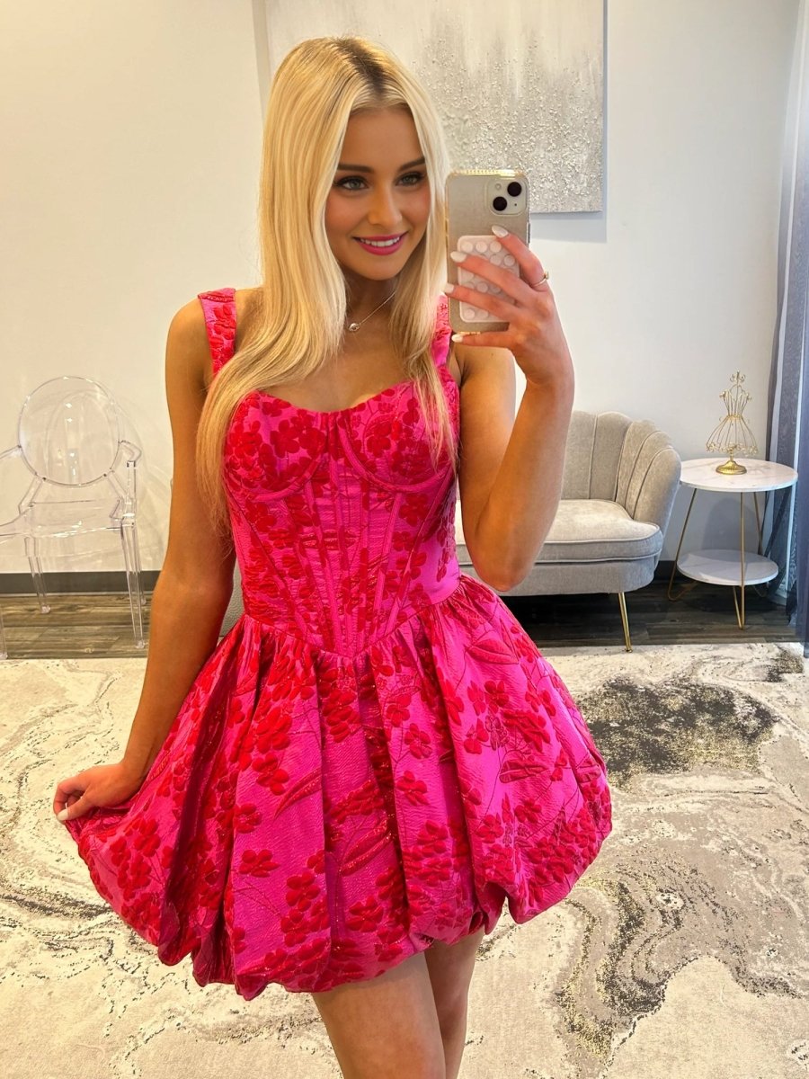 Kallista | Fuchsia - Spaghetti Straps A Line Floral Ruched Short Homecoming Dress