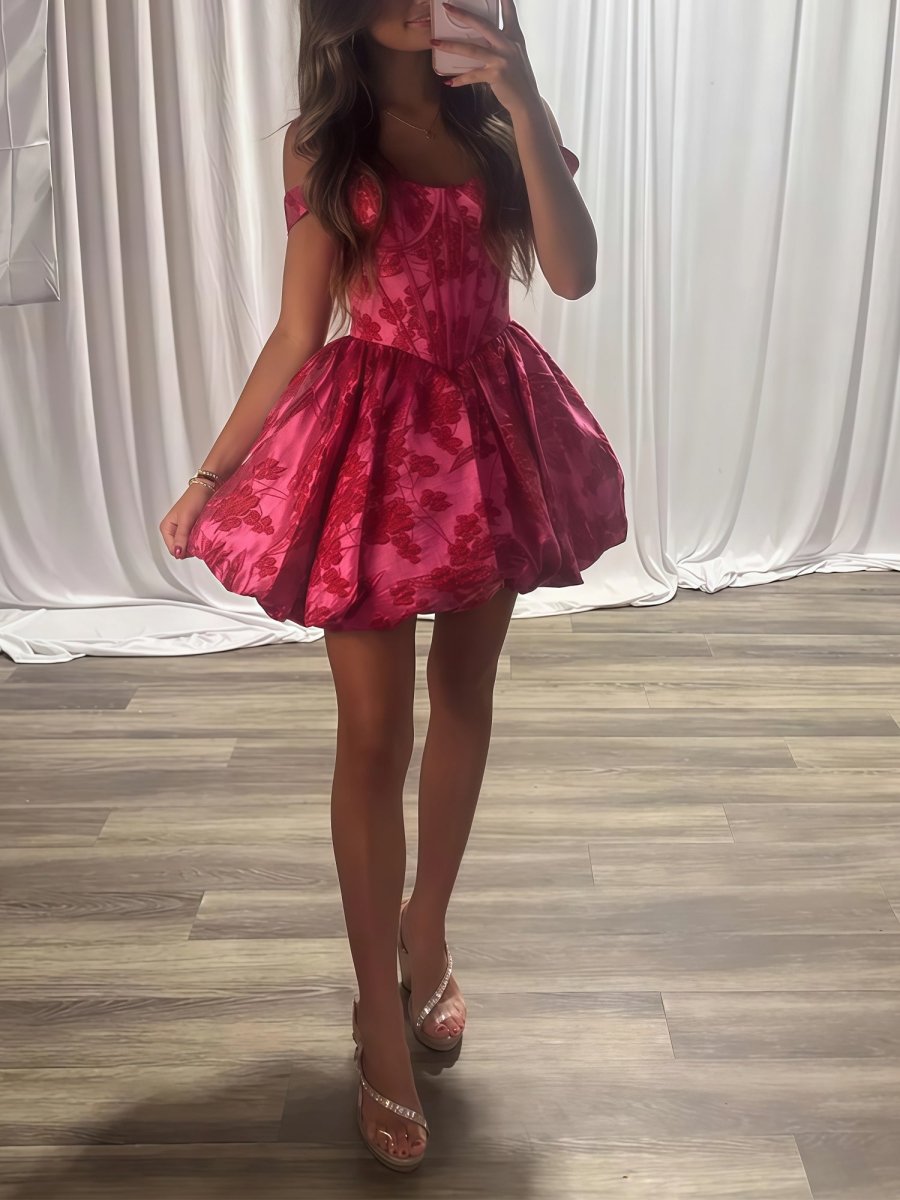 Kallista | Fuchsia - Spaghetti Straps A Line Floral Ruched Short Homecoming Dress