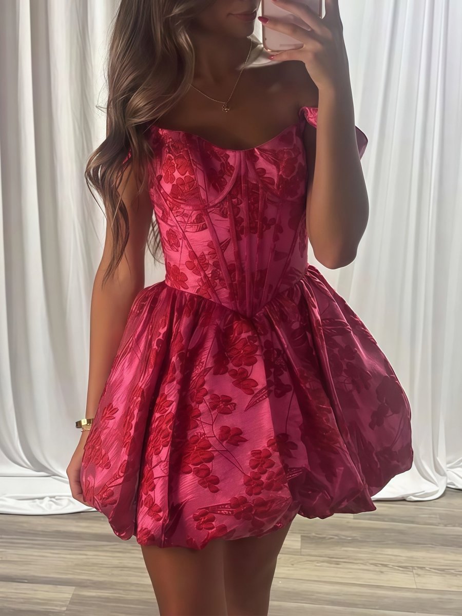 Kallista | Fuchsia - Spaghetti Straps A Line Floral Ruched Short Homecoming Dress