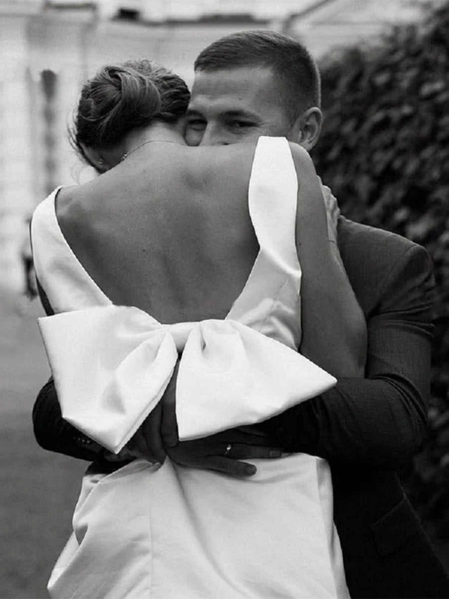 Karelia | A - Line Satin V - Neck Short Wedding Dress with Large Bow - KissProm