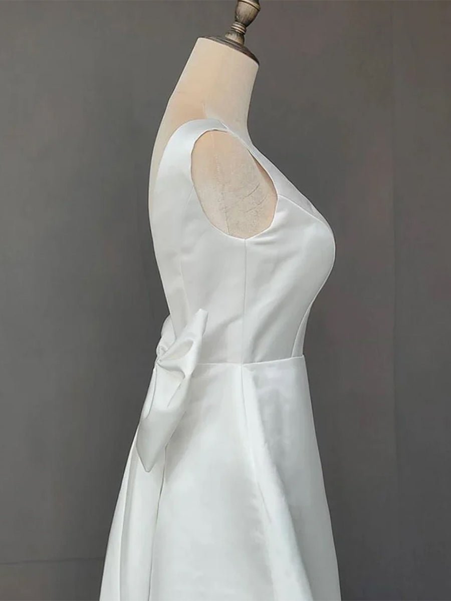 Karelia | A - Line Satin V - Neck Short Wedding Dress with Large Bow - KissProm