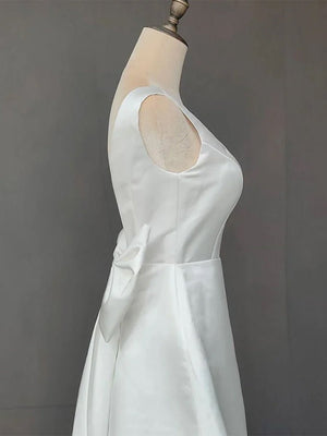 Karelia | A - Line Satin V - Neck Short Wedding Dress with Large Bow - KissProm