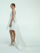 Karelia | A - Line Satin V - Neck Short Wedding Dress with Large Bow - KissProm