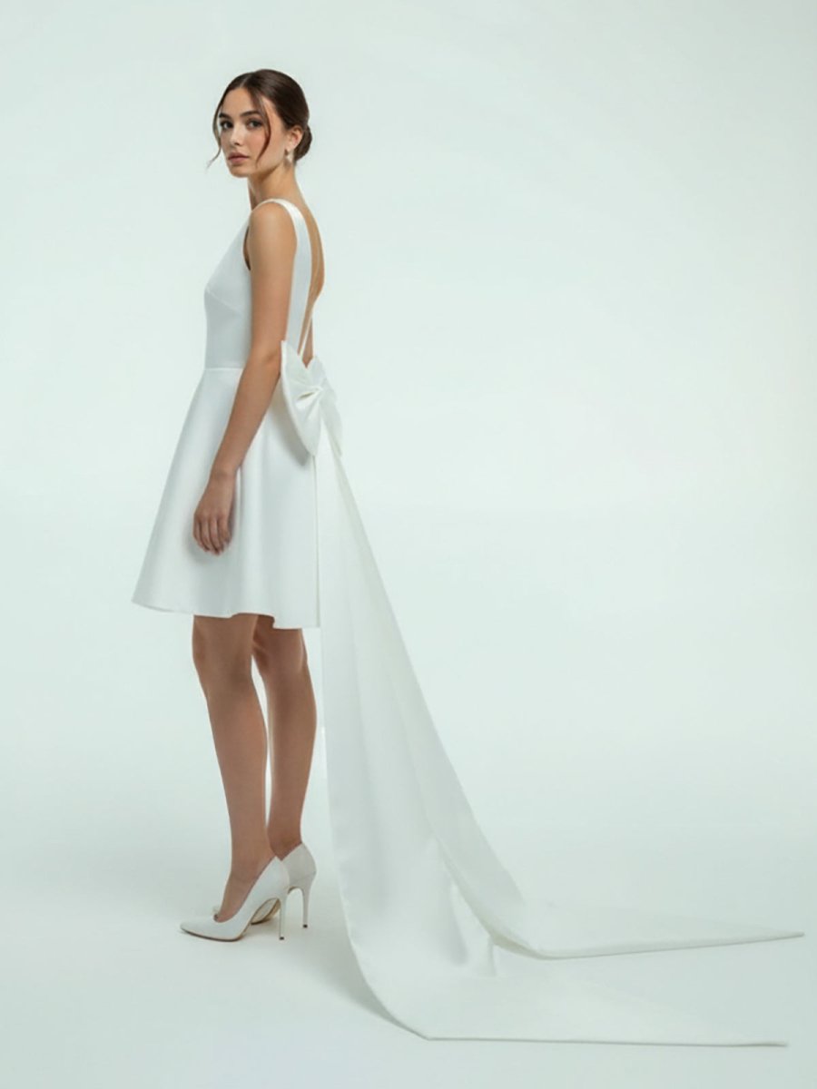 Karelia | A - Line Satin V - Neck Short Wedding Dress with Large Bow - KissProm