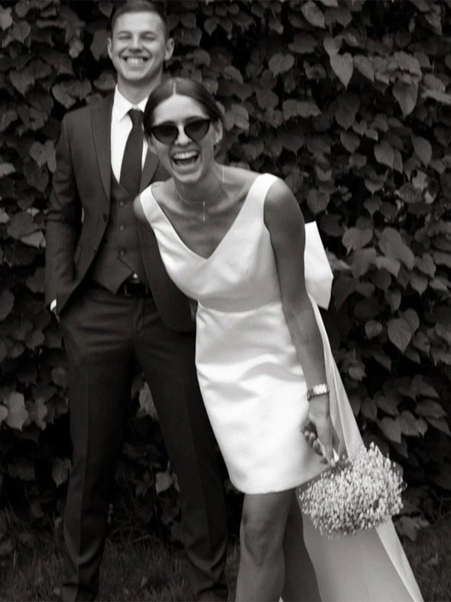 Karelia | A - Line Satin V - Neck Short Wedding Dress with Large Bow - KissProm