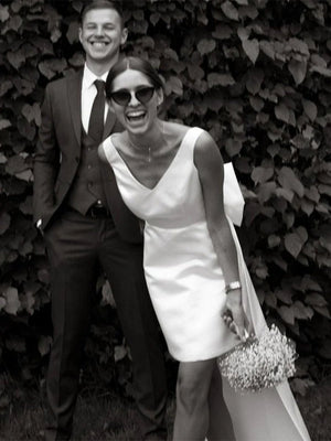 Karelia | A - Line Satin V - Neck Short Wedding Dress with Large Bow - KissProm