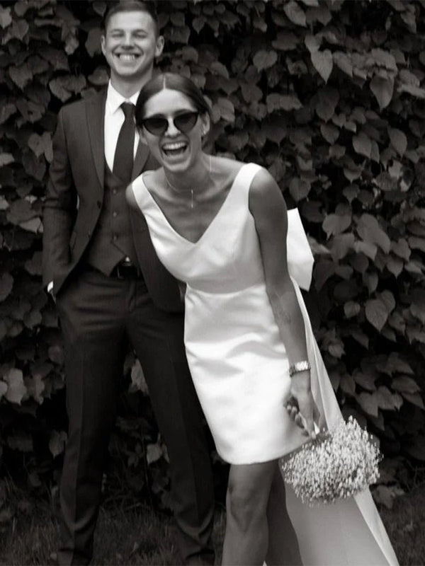 Karelia | A - Line Satin V - Neck Short Wedding Dress with Large Bow - KissProm