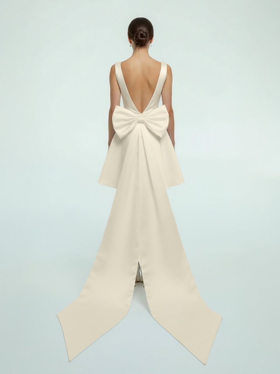 Karelia | A - Line Satin V - Neck Short Wedding Dress with Large Bow - KissProm