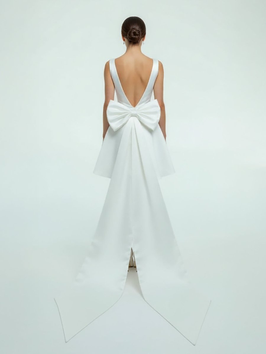 Karelia | A - Line Satin V - Neck Short Wedding Dress with Large Bow - KissProm