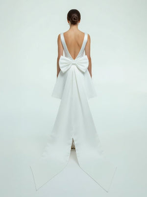 Karelia | A - Line Satin V - Neck Short Wedding Dress with Large Bow - KissProm