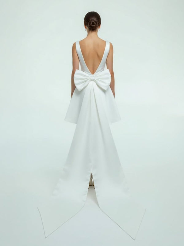 Karelia | A - Line Satin V - Neck Short Wedding Dress with Large Bow - KissProm