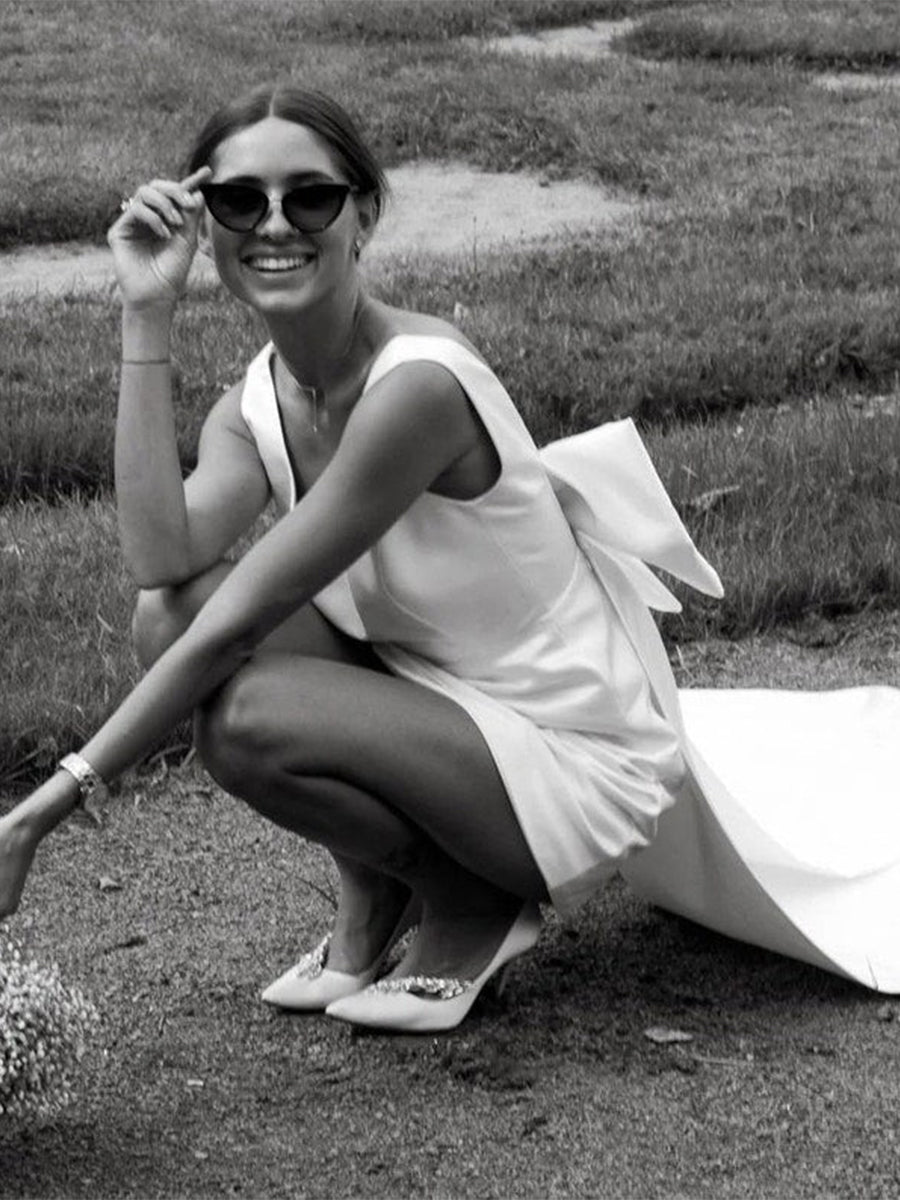 Karelia | A - Line Satin V - Neck Short Wedding Dress with Large Bow - KissProm