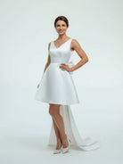 Karelia | A - Line Satin V - Neck Short Wedding Dress with Large Bow - KissProm