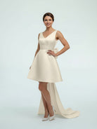 Karelia | A - Line Satin V - Neck Short Wedding Dress with Large Bow - KissProm