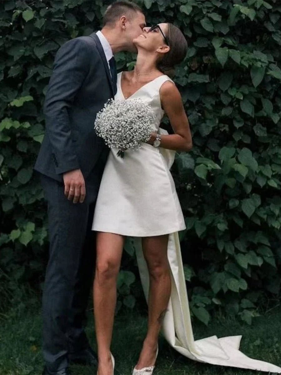 Karelia | A - Line Satin V - Neck Short Wedding Dress with Large Bow - KissProm