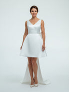 Karelia | A - Line Satin V - Neck Short Wedding Dress with Large Bow - KissProm