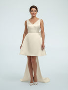 Karelia | A - Line Satin V - Neck Short Wedding Dress with Large Bow - KissProm