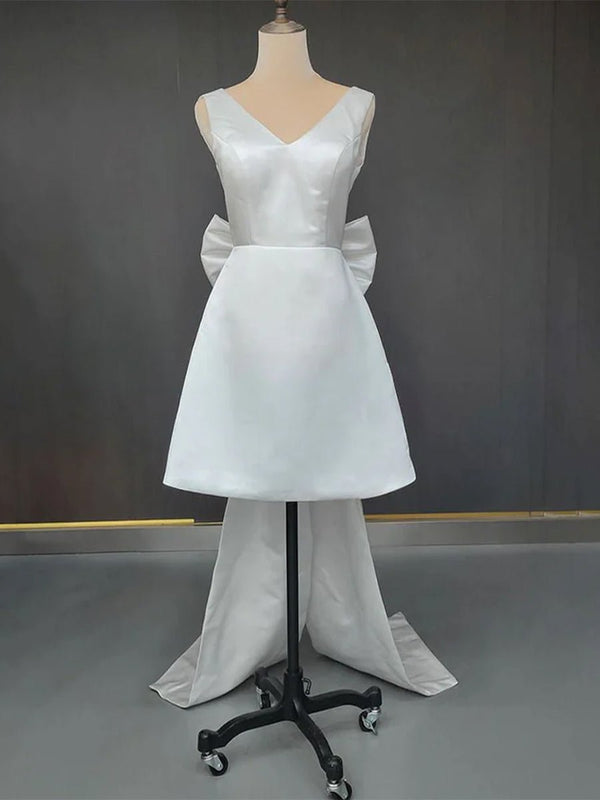 Karelia | A - Line Satin V - Neck Short Wedding Dress with Large Bow - KissProm