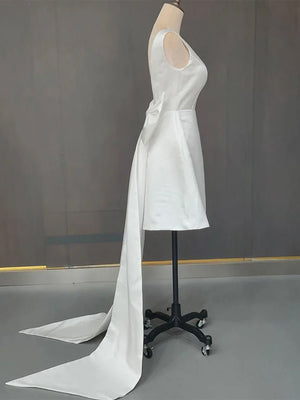 Karelia | A - Line Satin V - Neck Short Wedding Dress with Large Bow - KissProm