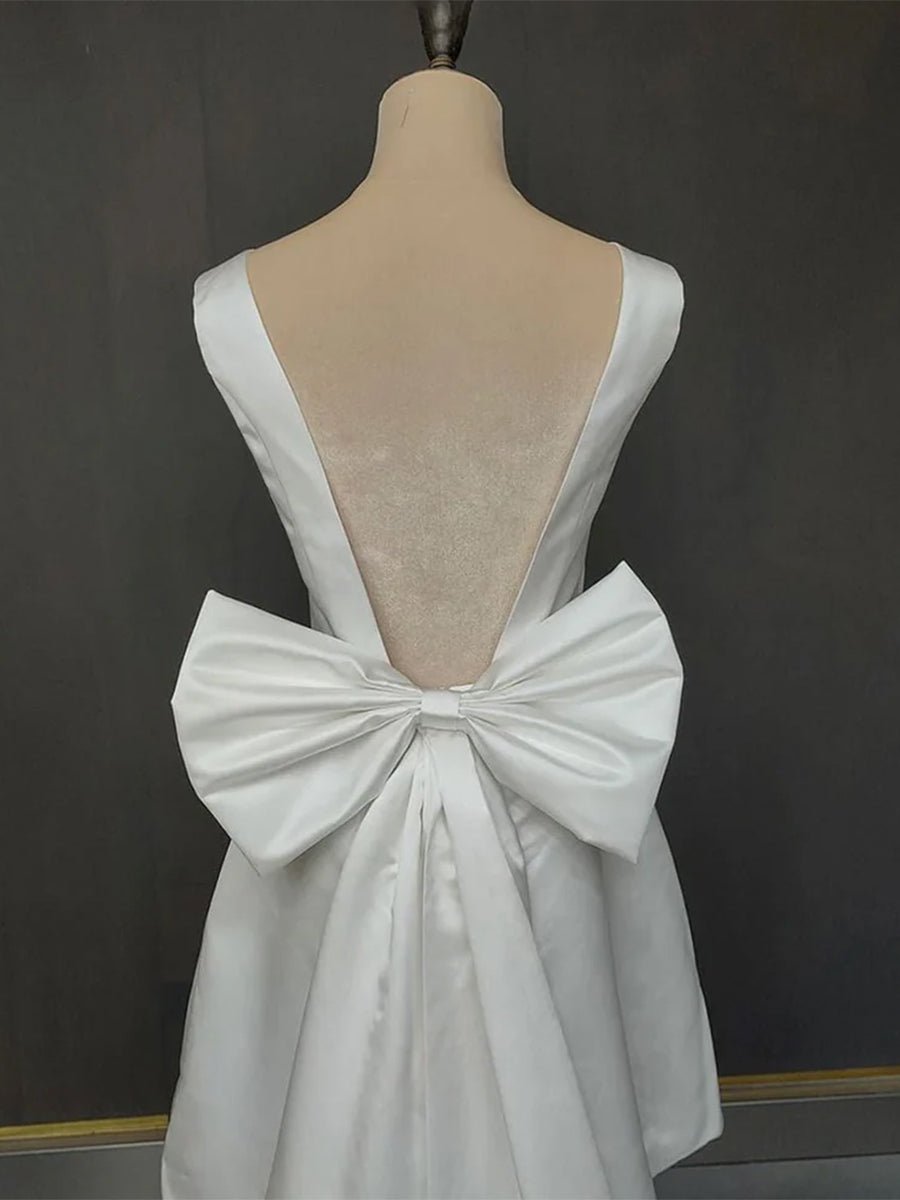 Karelia | A - Line Satin V - Neck Short Wedding Dress with Large Bow - KissProm