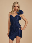 Karlee | Navy Blue - One Shoulder Bodycon Beaded Homecoming Dresses With Flower