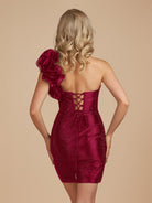Karlee | Burgundy - One Shoulder Bodycon Beaded Homecoming Dresses With Flower - KissProm