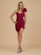 Karlee | Burgundy - One Shoulder Bodycon Beaded Homecoming Dresses With Flower - KissProm