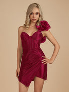 Karlee | Burgundy - One Shoulder Bodycon Beaded Homecoming Dresses With Flower - KissProm