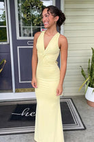 KissProm - Reed - Yellow - Halter Mermaid Pleated Open Back Long Prom Dresses