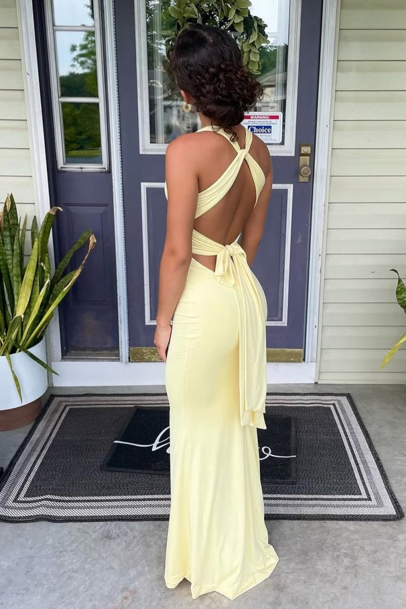 KissProm - Reed - Yellow - Halter Mermaid Pleated Open Back Long Prom Dresses