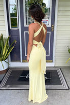 KissProm - Reed - Yellow - Halter Mermaid Pleated Open Back Long Prom Dresses