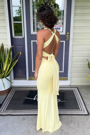 KissProm - Reed - Yellow - Halter Mermaid Pleated Open Back Long Prom Dresses