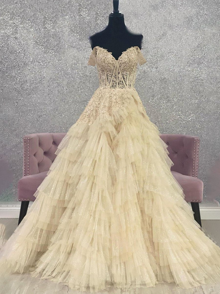 Kashi | Champagne Off the Shoulder Tulle Prom Dress With Appliques