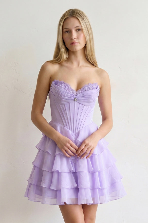 Lilac - A Line Sweetheart Chiffon Ruffles Corset Homecoming Dresses