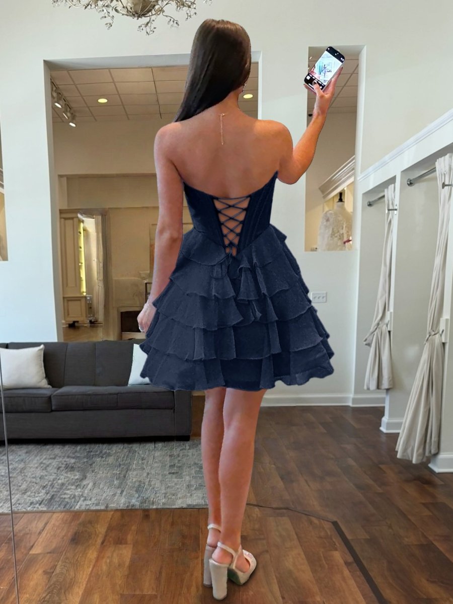 Katla | Navy Blue - A Line Sweetheart Chiffon Ruffles Corset Homecoming Dresses