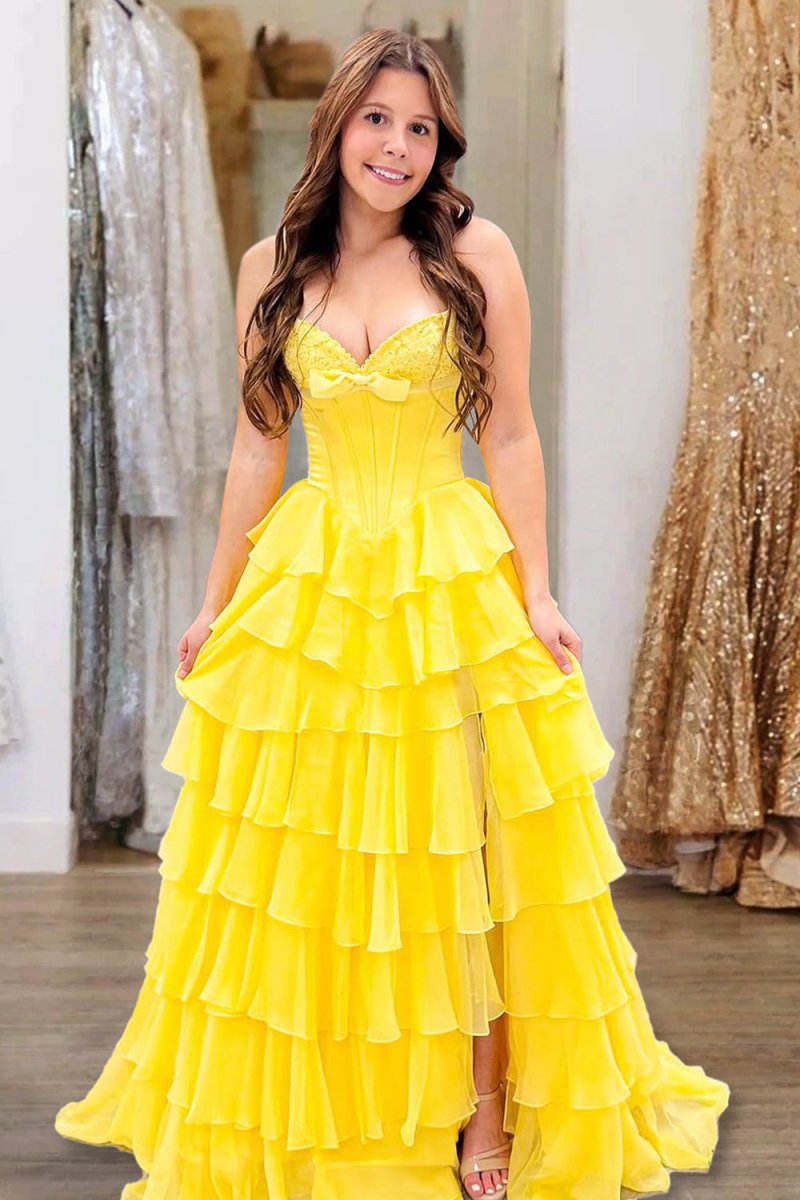 Kea | Bright Yellow - A Line Strapless Chiffon Ruffled Long Formal Prom Dresses With Bow - KissProm